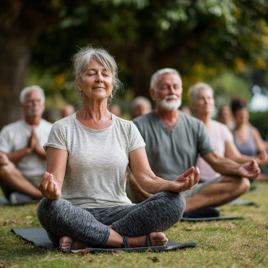 Інструктор йоги працює з пожилими людьми в затишній студії
